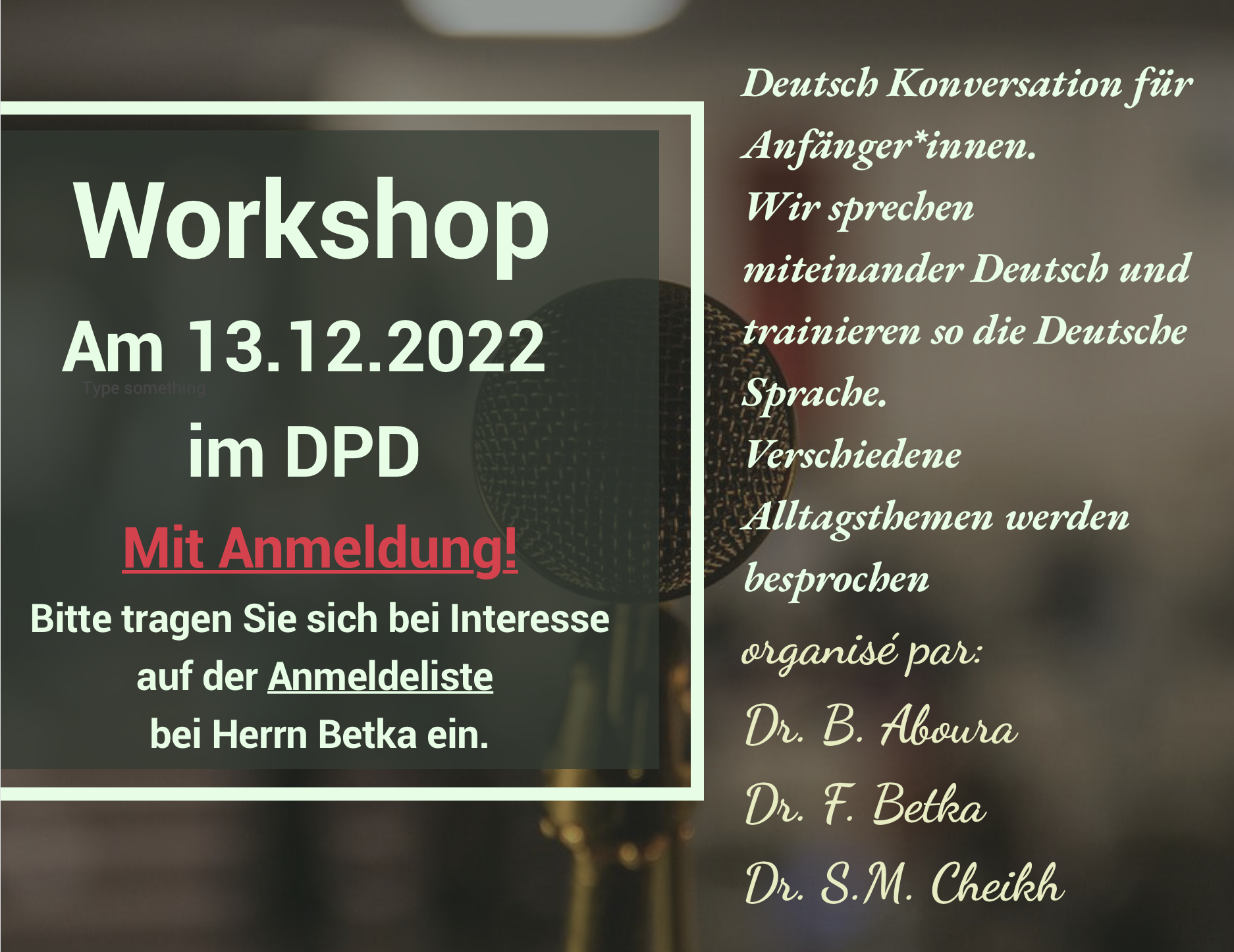Workshop intitulé:  “Deutsch Konversation für Anfänger*innen”  au profit des étudiants en Langue Allemande