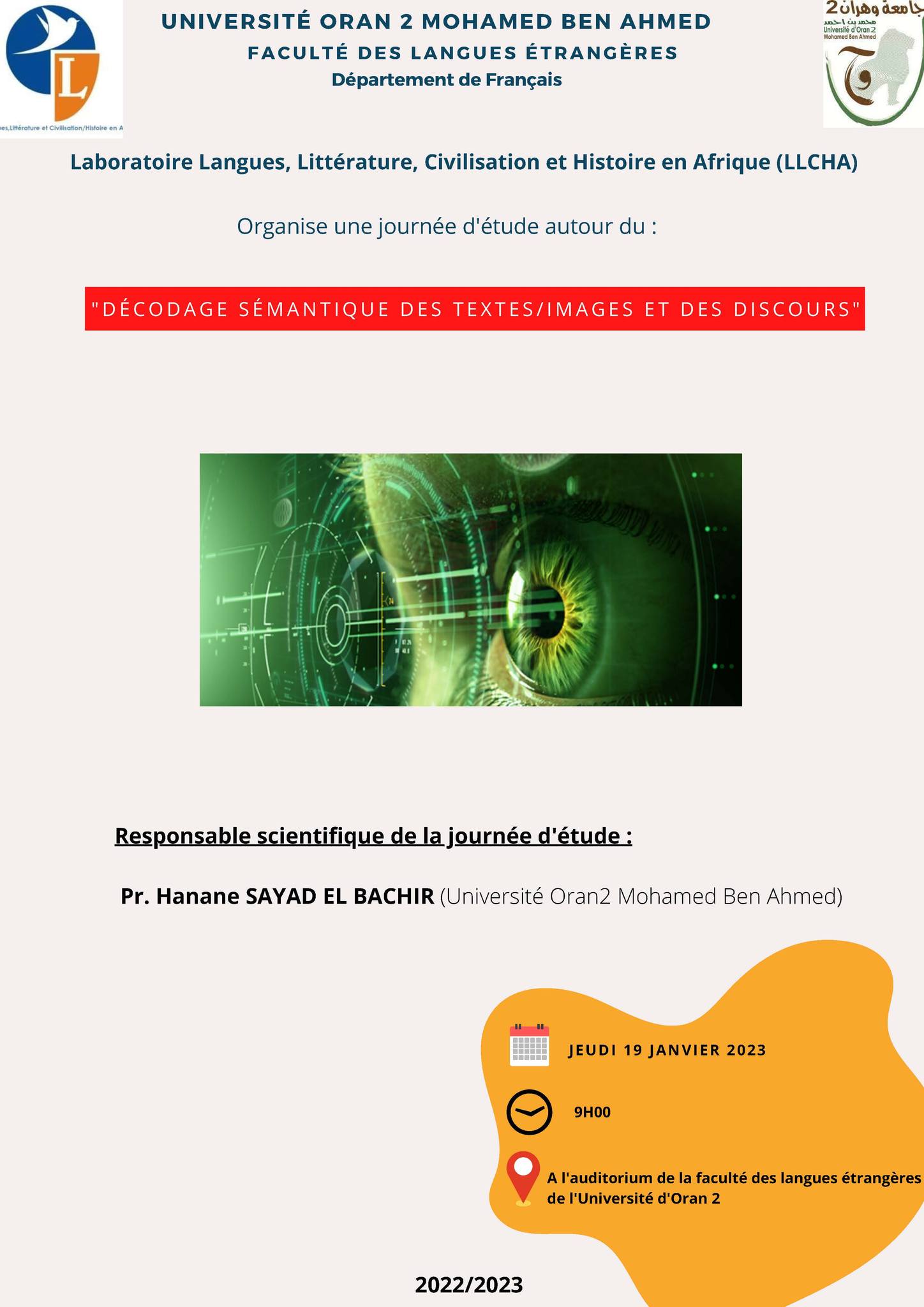 Journée d’étude autour du ” DÉCODAGE SÉMANTIQUE DES TEXTES/IMAGES ET DES DISCOURS ” , le jeudi 19/01/2023