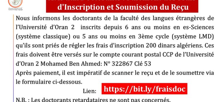 Avis aux Doctorants : Paiement des Frais d’Inscription et Soumission du Reçu