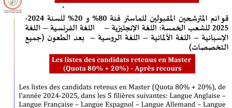 Les listes des candidats retenus en Master (Quota 80% + 20%) – Après recours