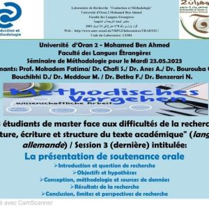 Séminaire de Méthodologie intitulé: “Les étudiants de Master face aux difficultés de la recherche: lecture, écriture et structure du texte académique” (langue allemande).