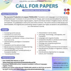 [CALL FOR PAPERS] 🔴 TRANSLANG Journal Call for Papers Vol 23 N° 1 – June 2024